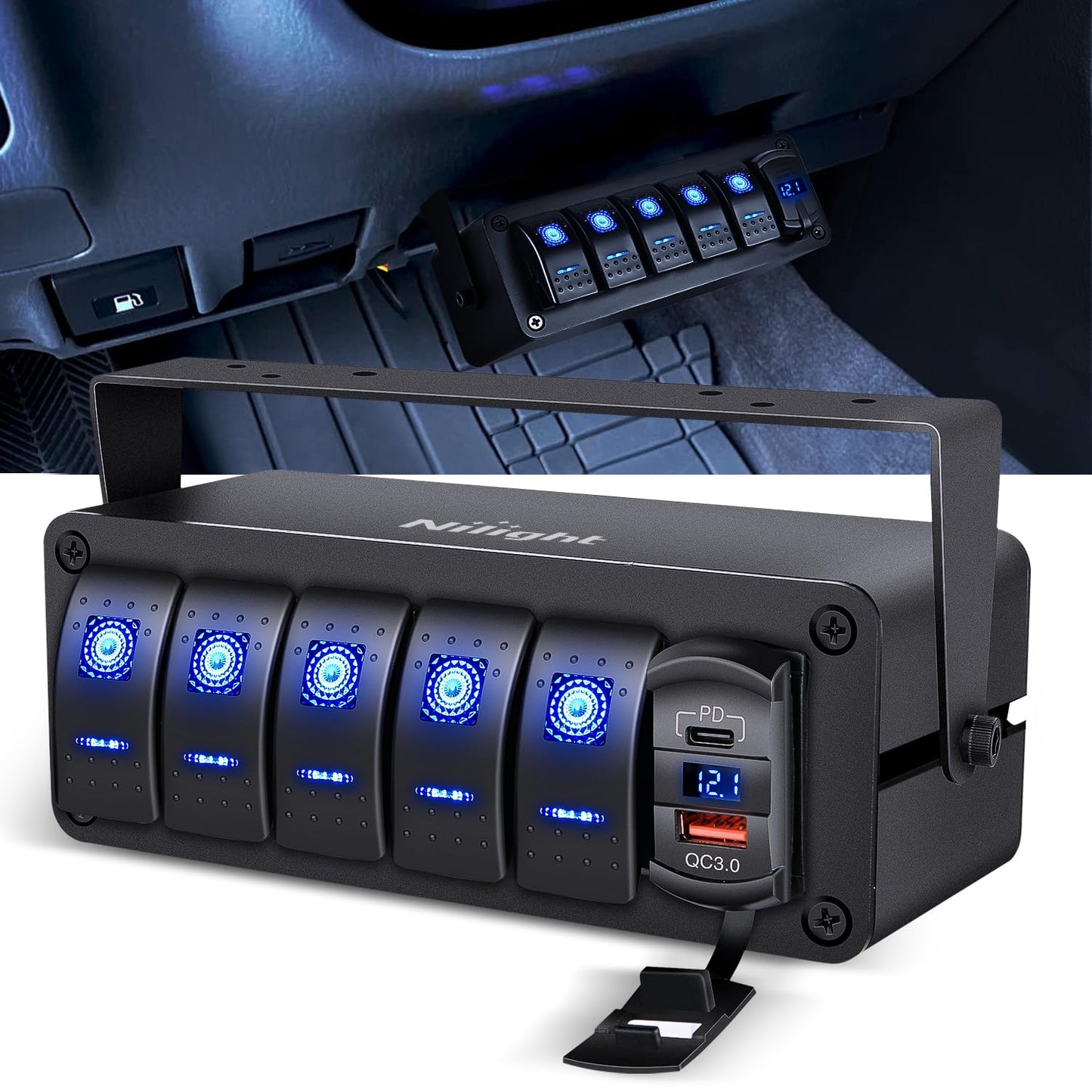 Nilight 5 Gang Rocker Switch Box with USB Charger and Voltmeter
