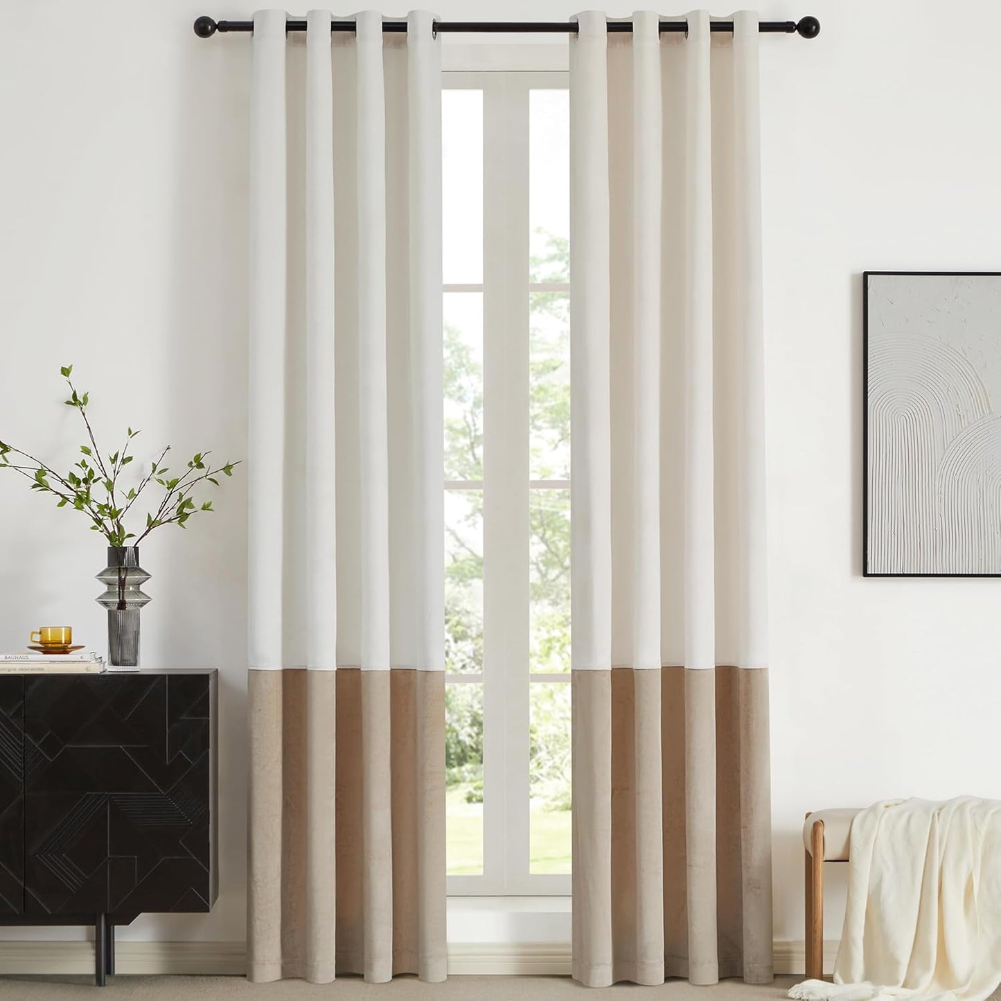 BULBUL Color Block Velvet Window Curtains for Darkening Treatment
