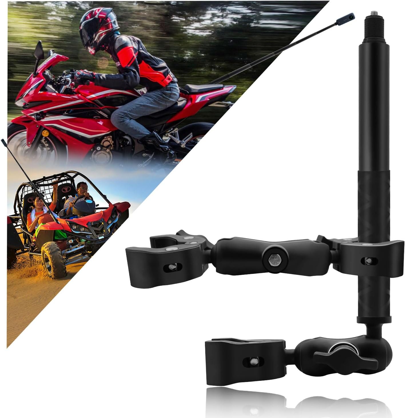 Motorcycle Double Clamp Mount Kit with 47in Invisible Selfie Stick