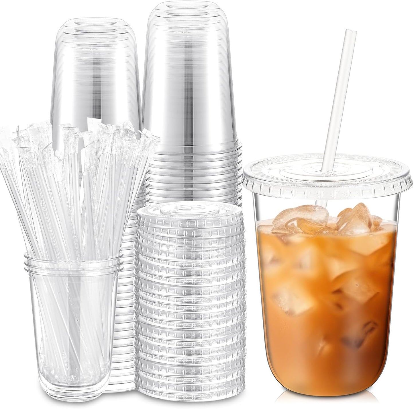 50 Sets Clear Plastic Cups with Lids and Straws for Drinks