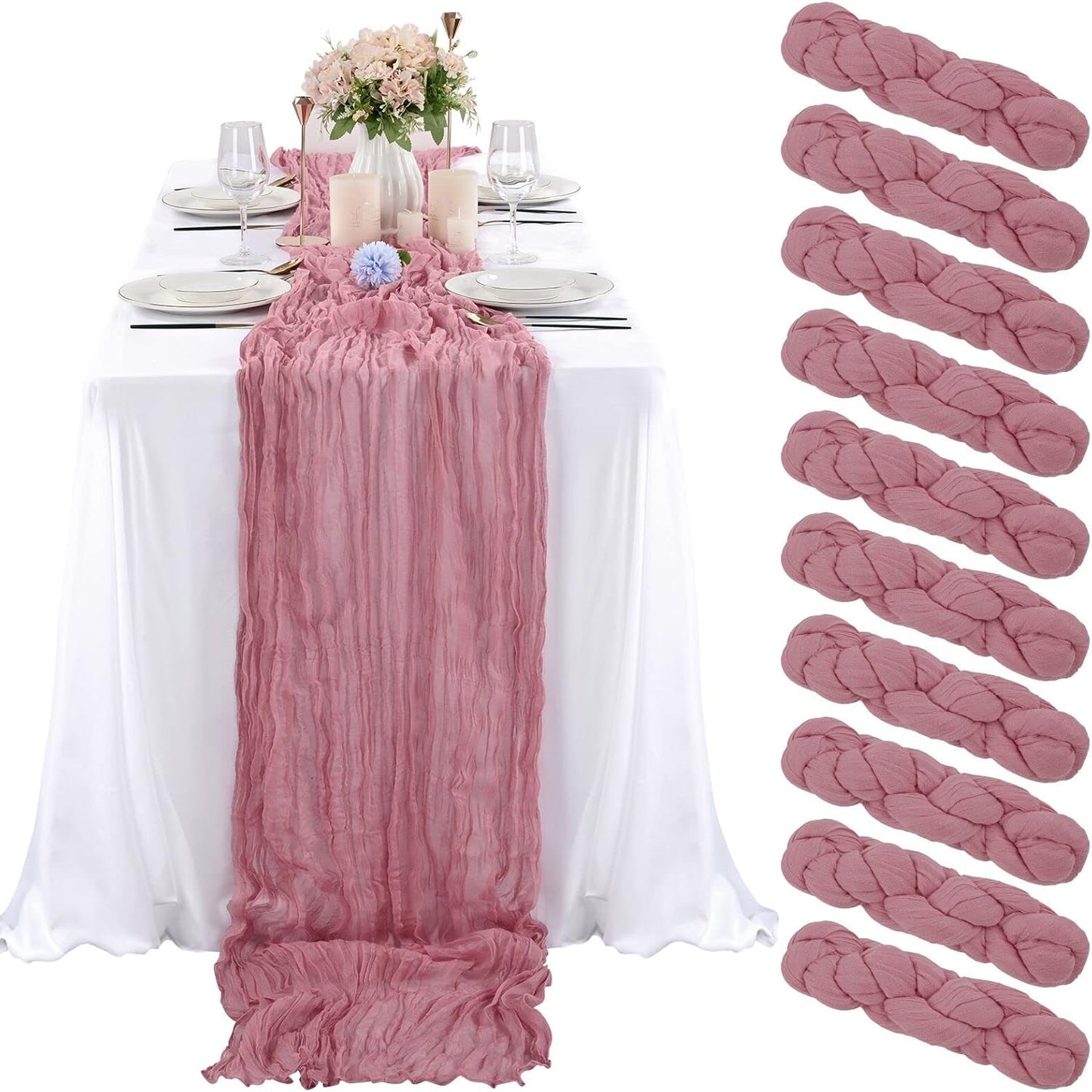 10 Pcs Dusty Rose Cheesecloth Table Runner for Weddings and Parties