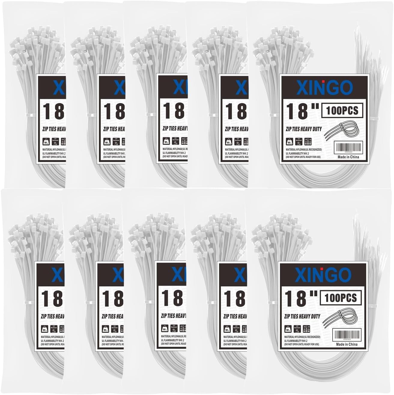 XINGO 1000PCS 18 Inch White Zip Ties for Heavy Duty Use