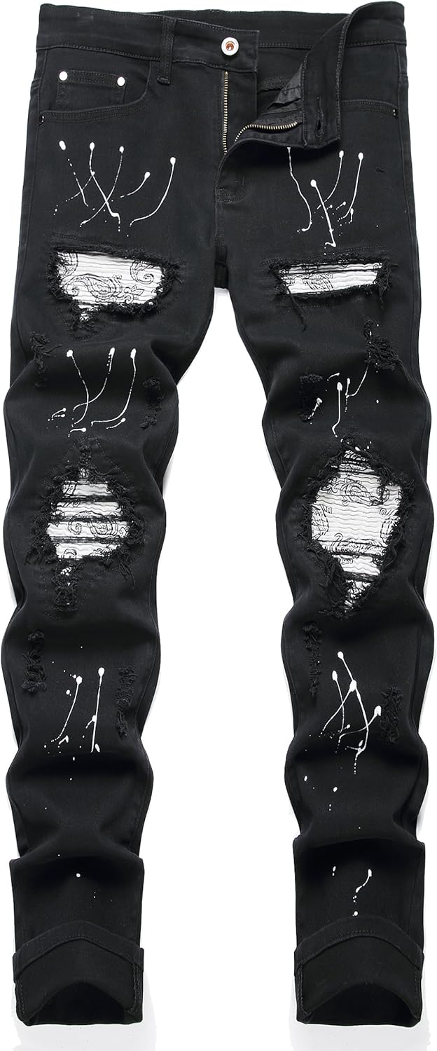OIIIO Men's Patch Ripped Stretch Regular Fit Jean for Style