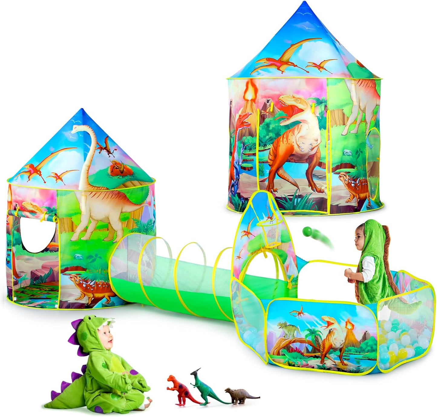 3PC Dinosaur Tent for Girls with Ball Pit and Crawl Tunnel