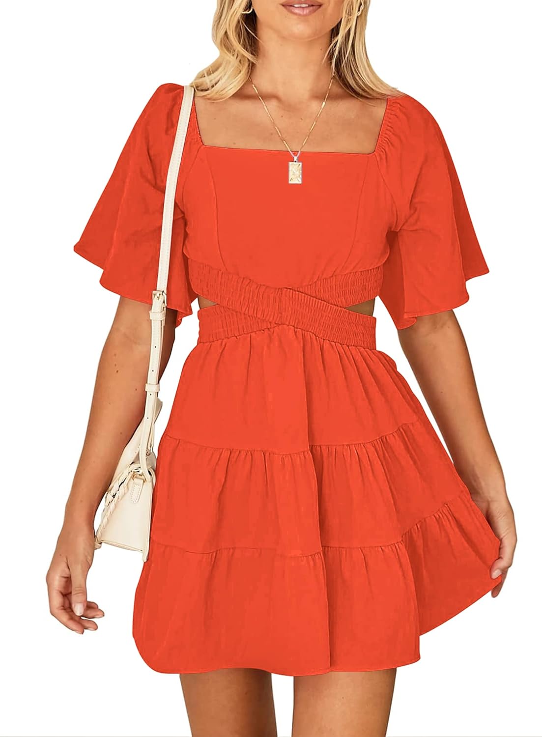 Women's Summer Dresses Square Neck Casual Short Sleeves Mini Dress
