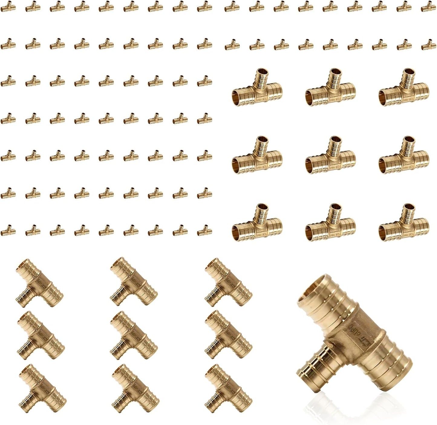 PEX Fittings 100-Pack Brass Crimp Reducing Tee for Plumbing