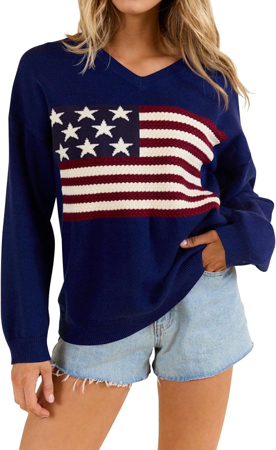 Dressmine Womens American Flag Sweater for Casual Fall Style