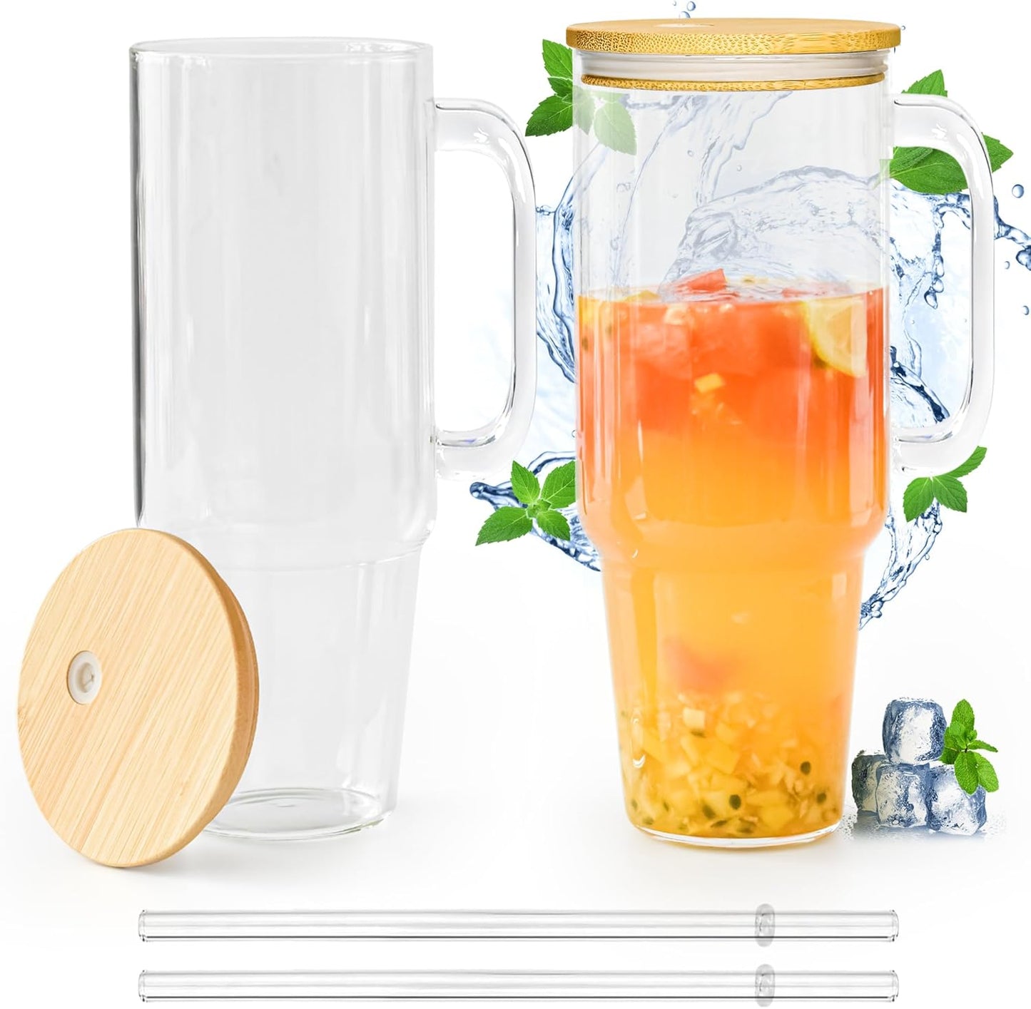 40 oz Glass Tumblers with Lids and Straws for All Drinks