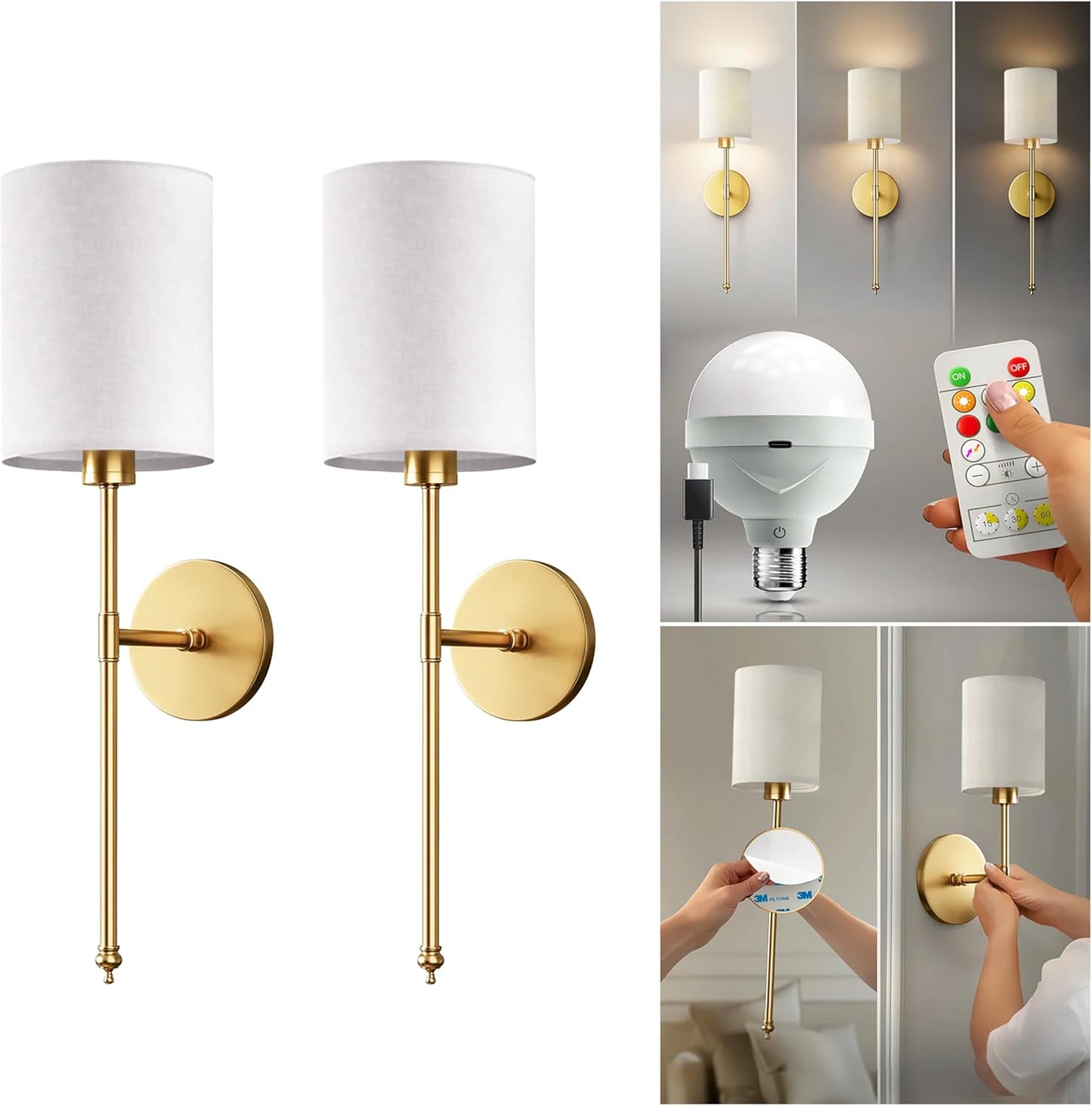 Set of 2 Wireless Wall Sconces with Rechargeable LED Bulbs