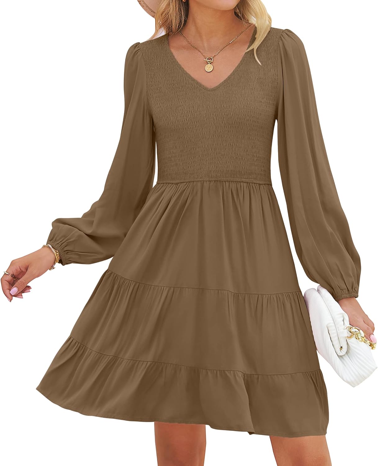 Stylish ZESICA Women's Casual V Neck Long Sleeve Mini Dress