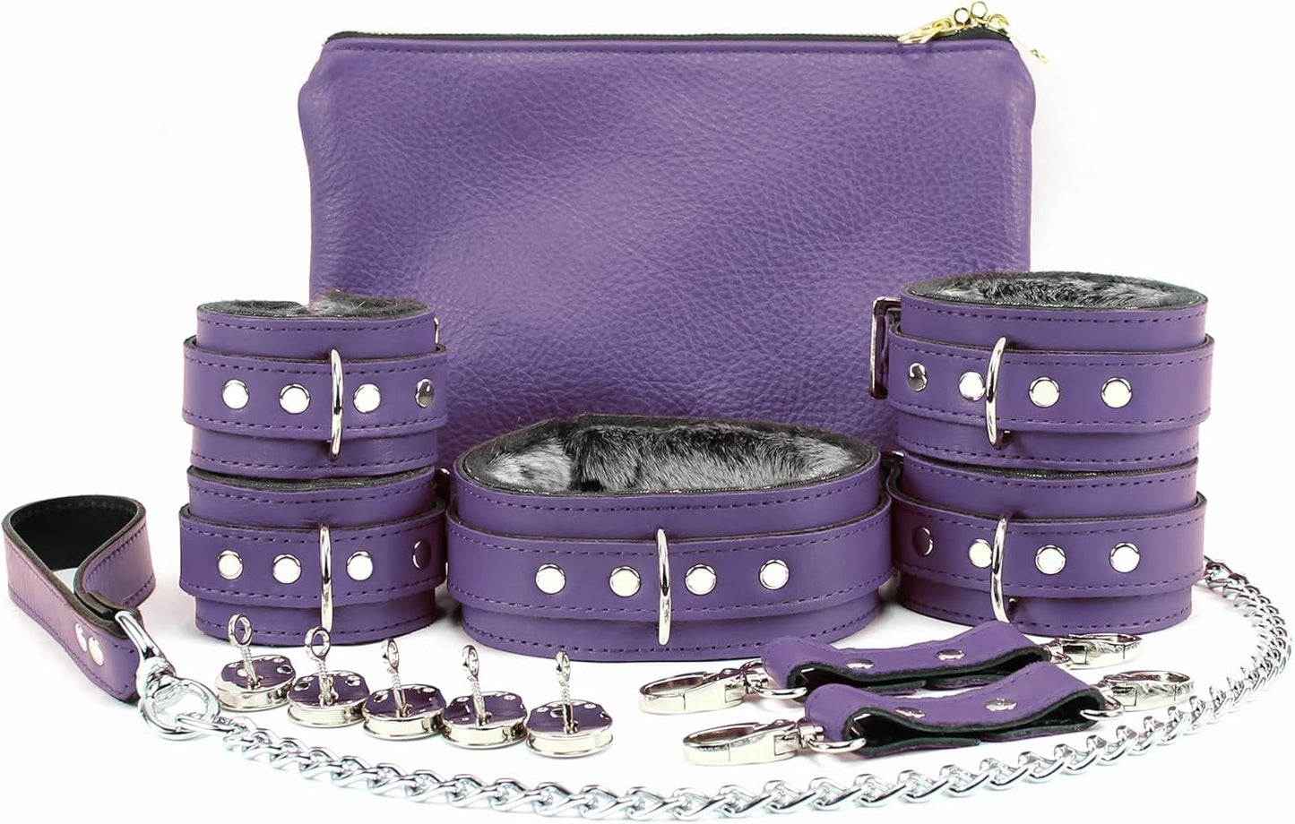 Barcelona 7-Piece Set Chic Top Grain Leather Cuffs and Leash