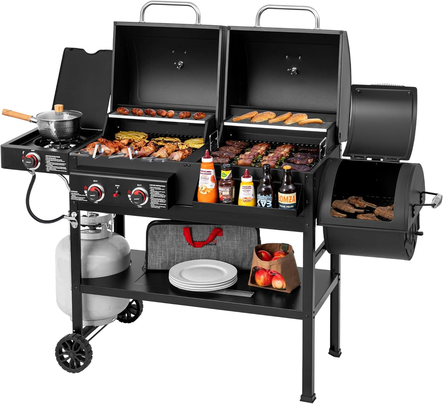 2-Burner Gas and Charcoal Combo Grill with Smoker for BBQ