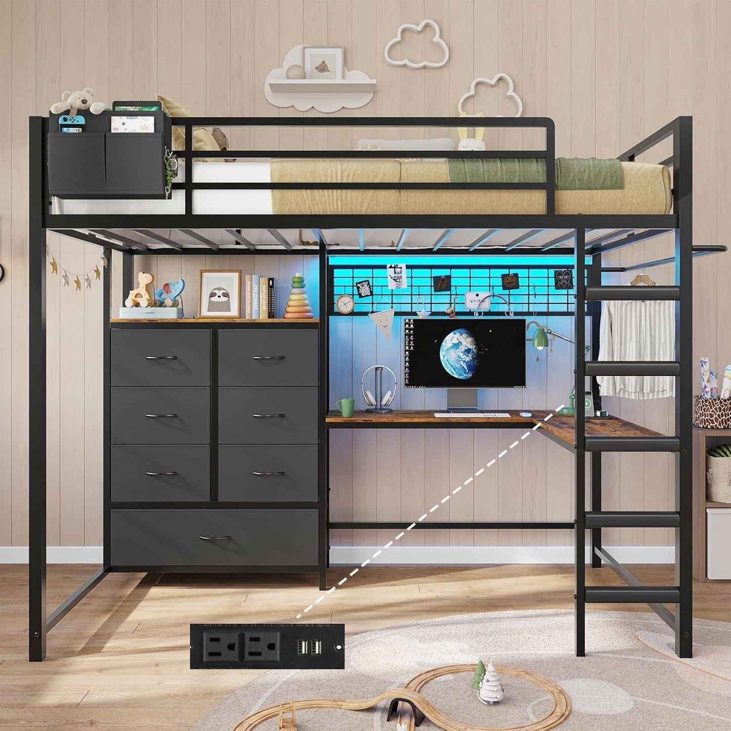 DICTAC Twin Loft Bed with L-Shaped Desk and Storage Drawers