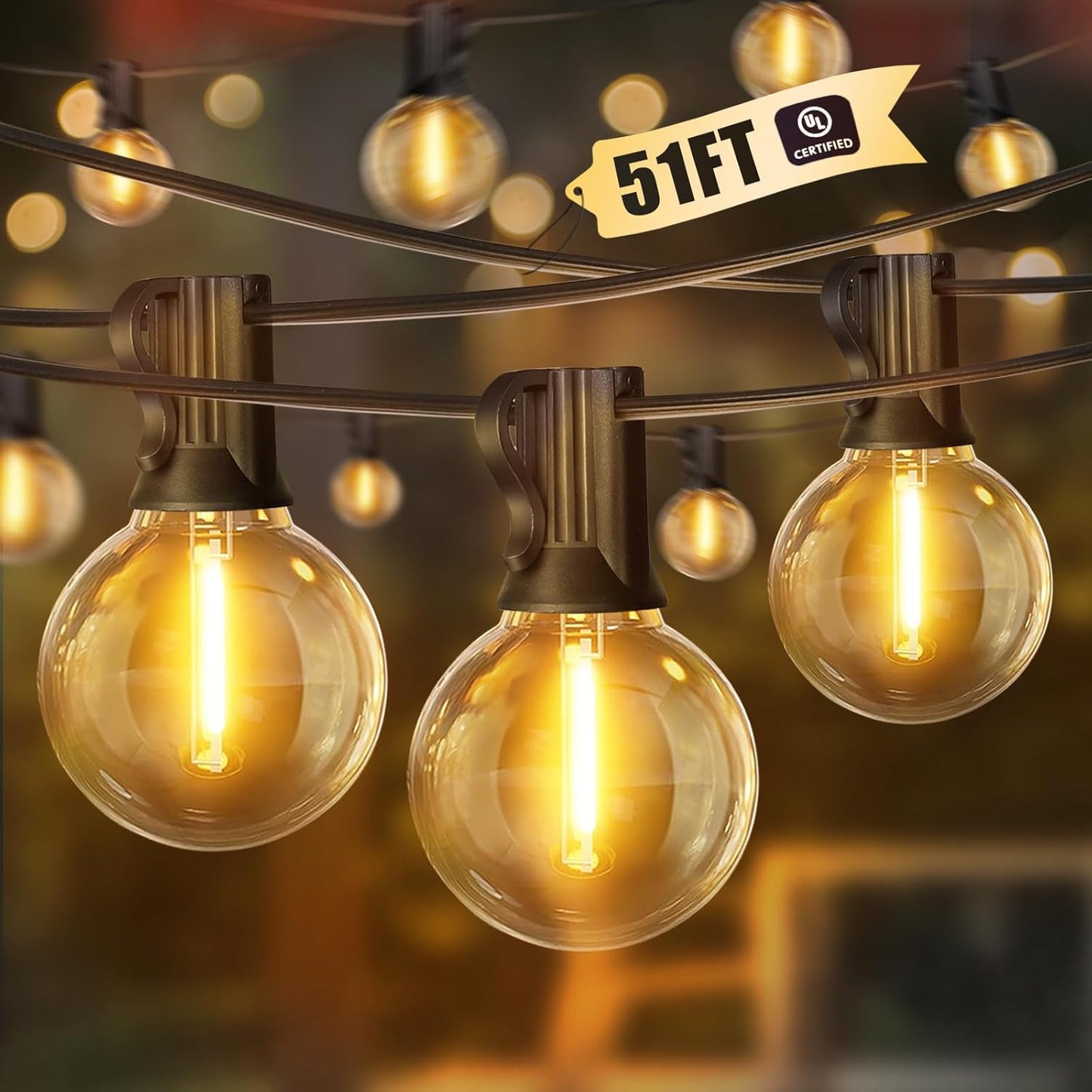 LED Outdoor String Light 51 Feet with Shatterproof Bulbs for Decor