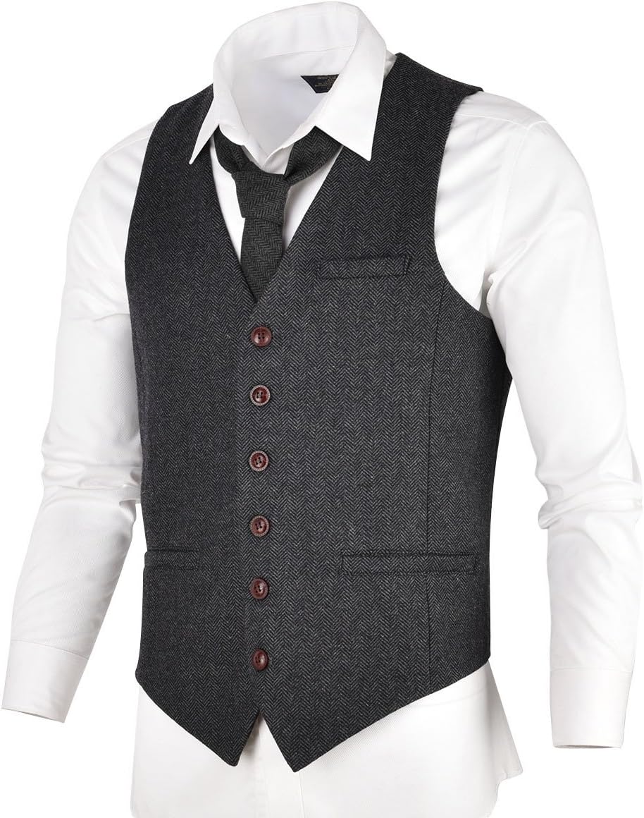 VOBOOM Men's Slim Fit Herringbone Tweed Suit Vest for Style
