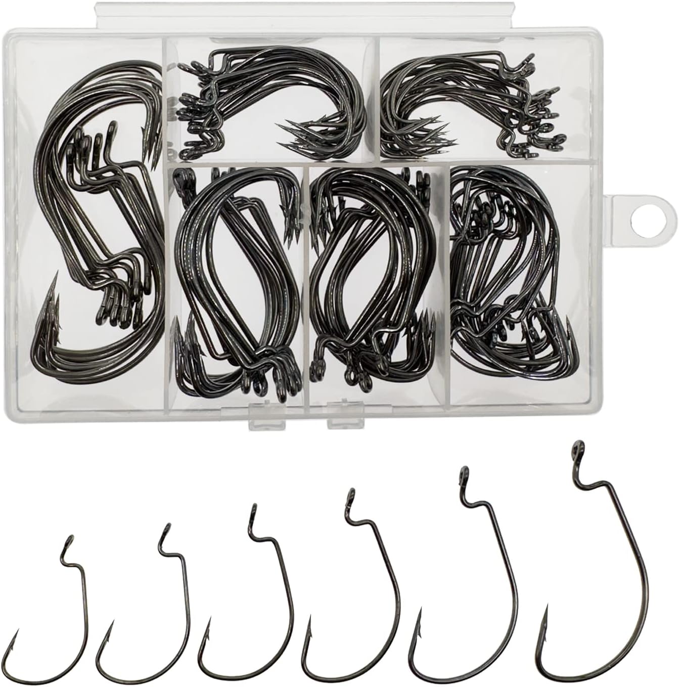 Bass Fishing Hooks Set: 110pcs, High Carbon Steel, 6 Sizes, Portable Box