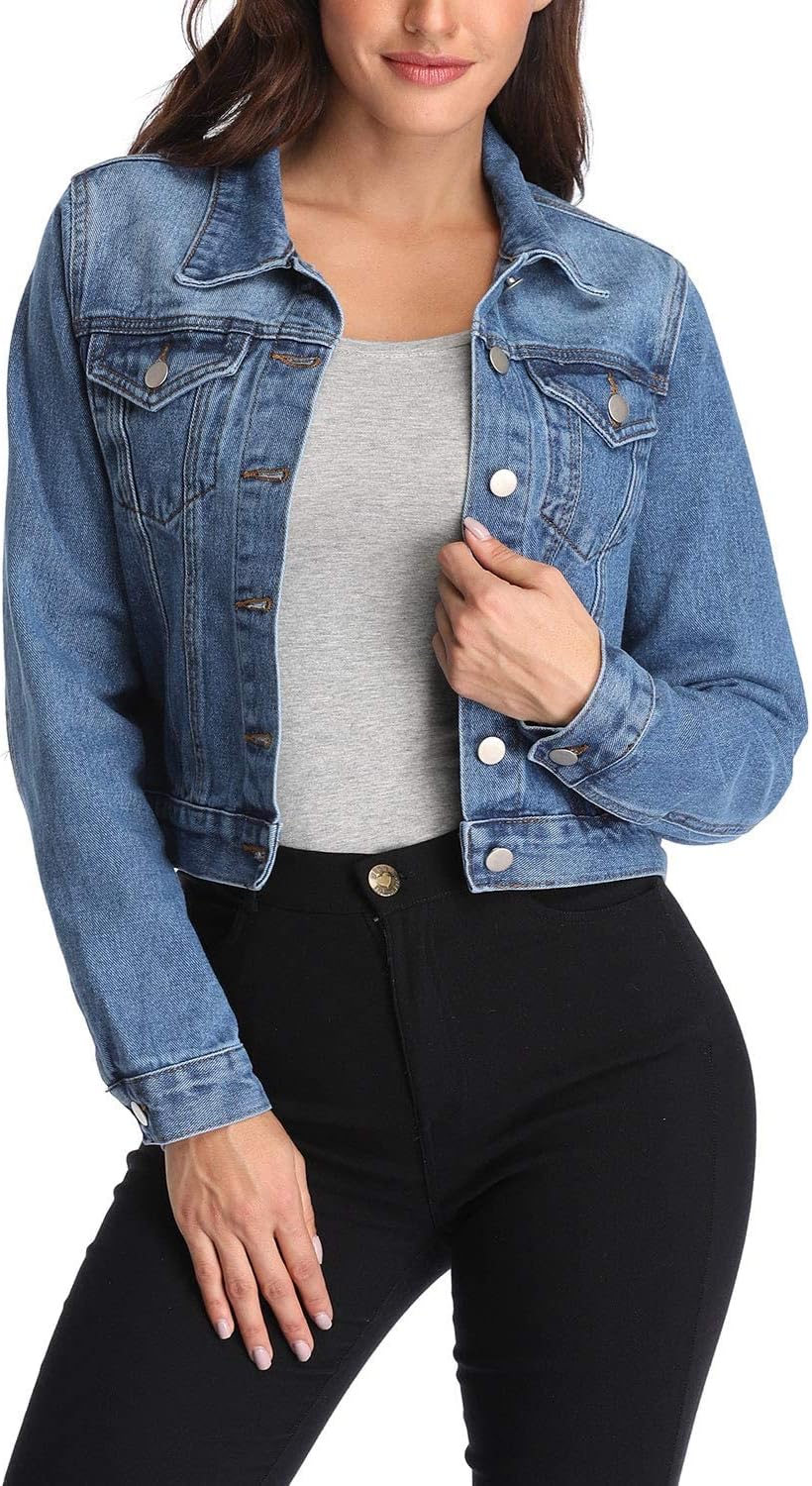 Cropped Women's Denim Jacket with Pockets for Versatile Style