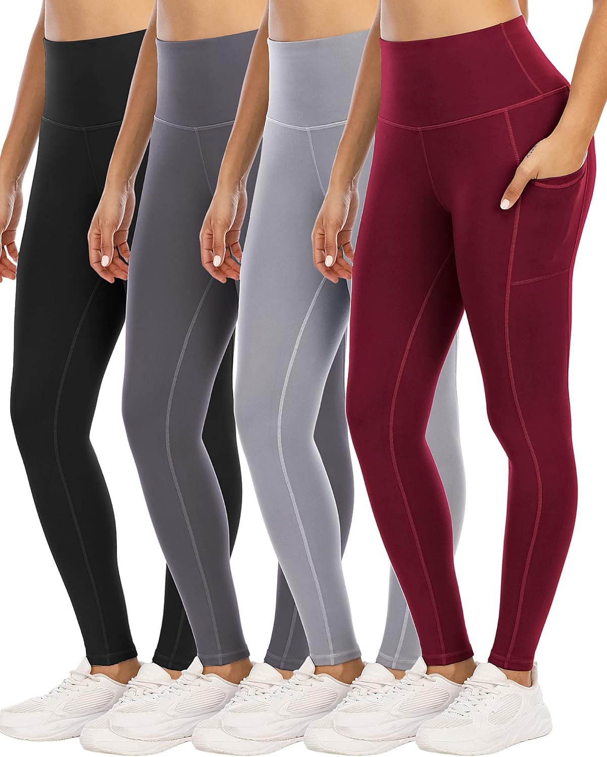 4 Pack Leggings with Pockets for Women, High Waist Tummy Control