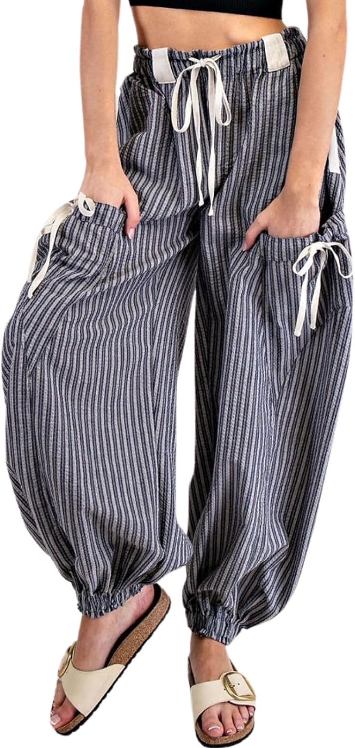 Women Drawstring Striped Pants for Casual Lounge and Beach Wear