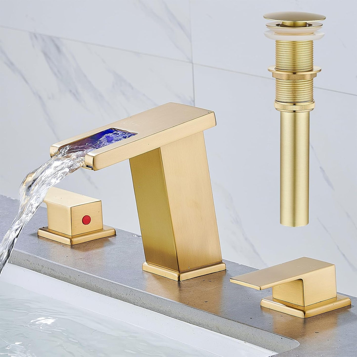 LED Bathroom Faucet 3 Hole, Brushed Gold Waterfall Design