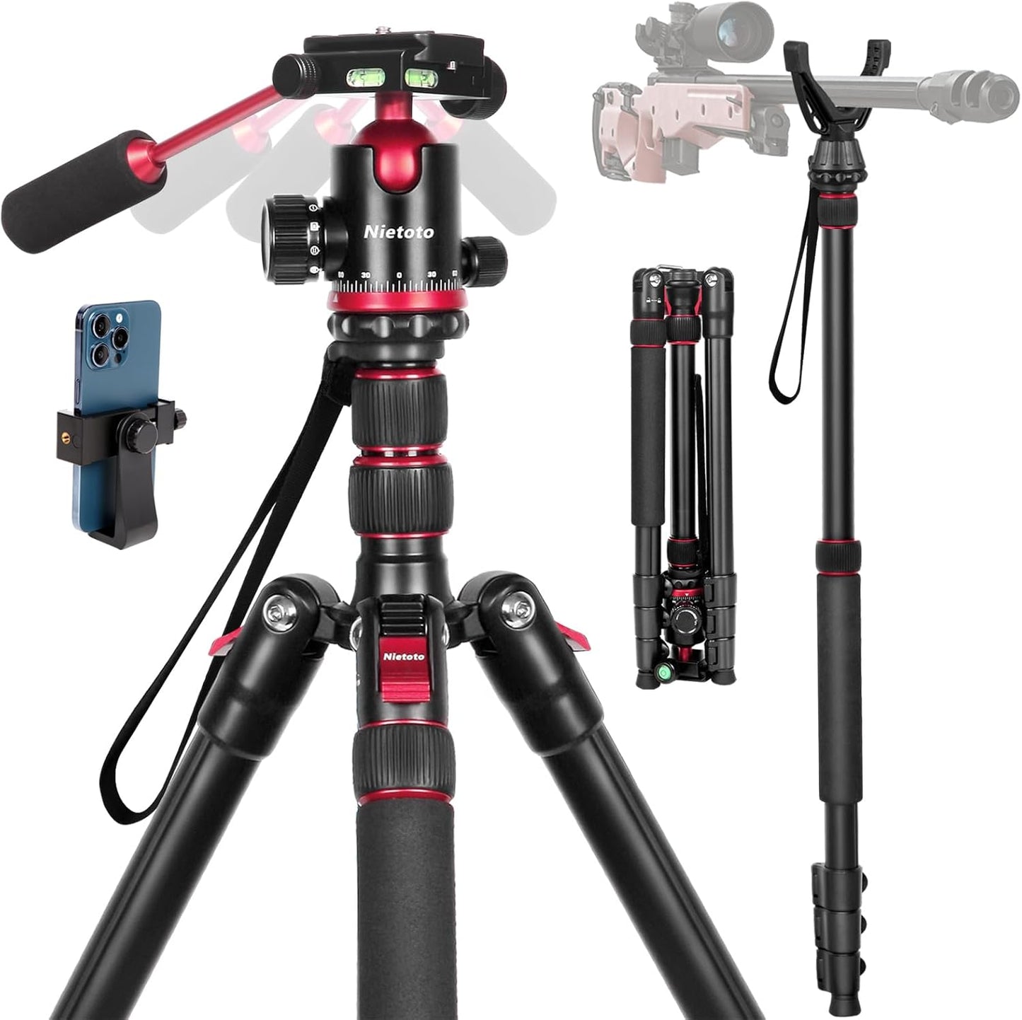 Nietoto 2 in1 Tripod for Camera & Hunting - 68in Heavy Duty