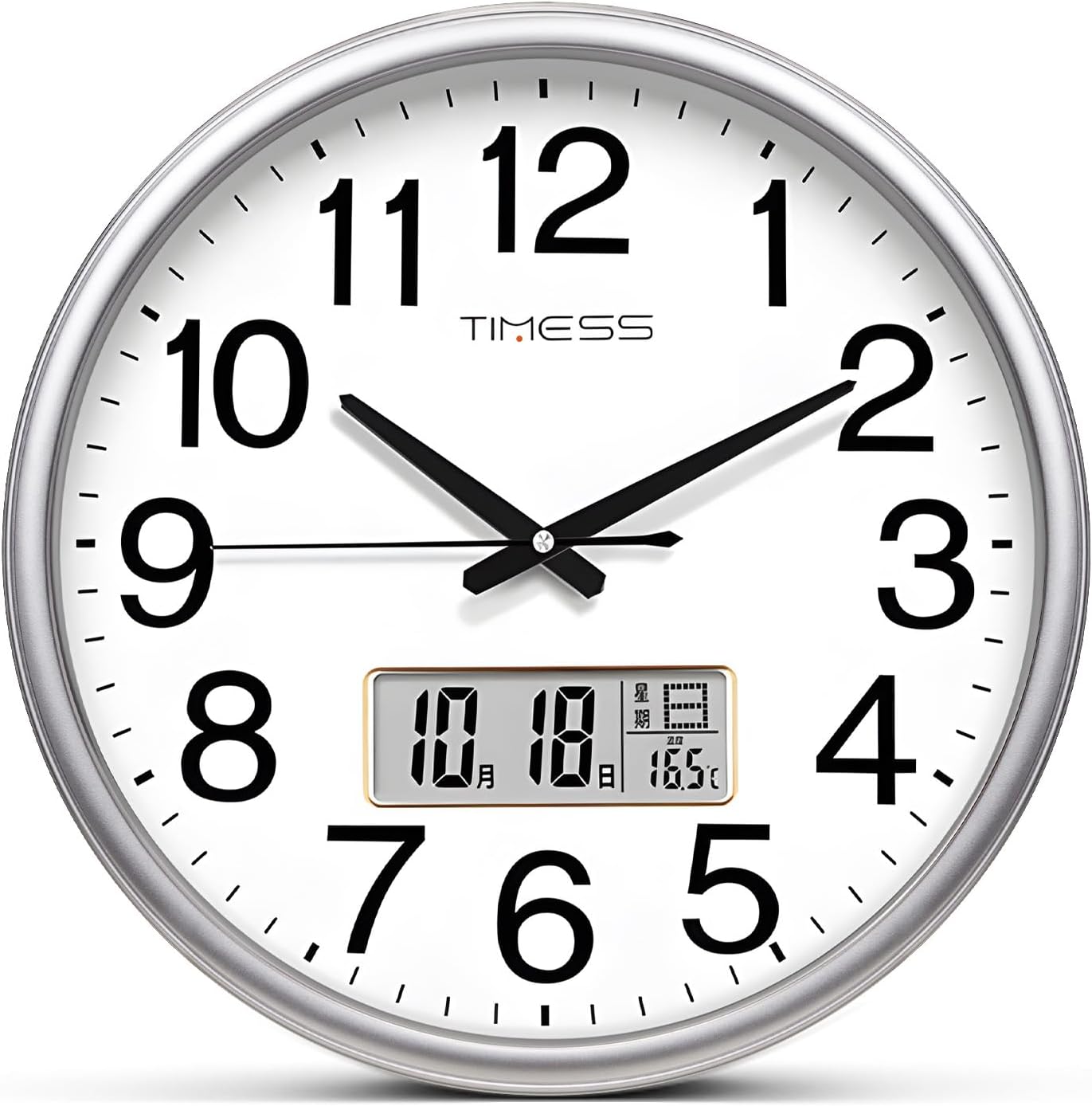 16 Inch Non-Ticking Silent Wall Clock with LCD Display