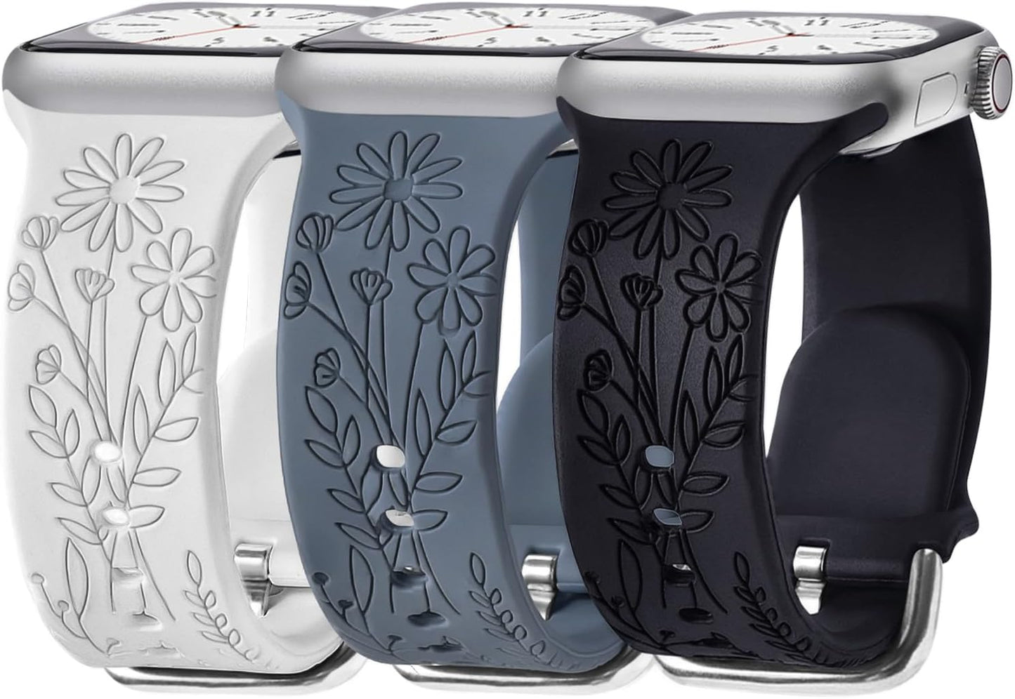 Floral Silicone Apple Watch Bands - 3 Pack Wildflower Engraved