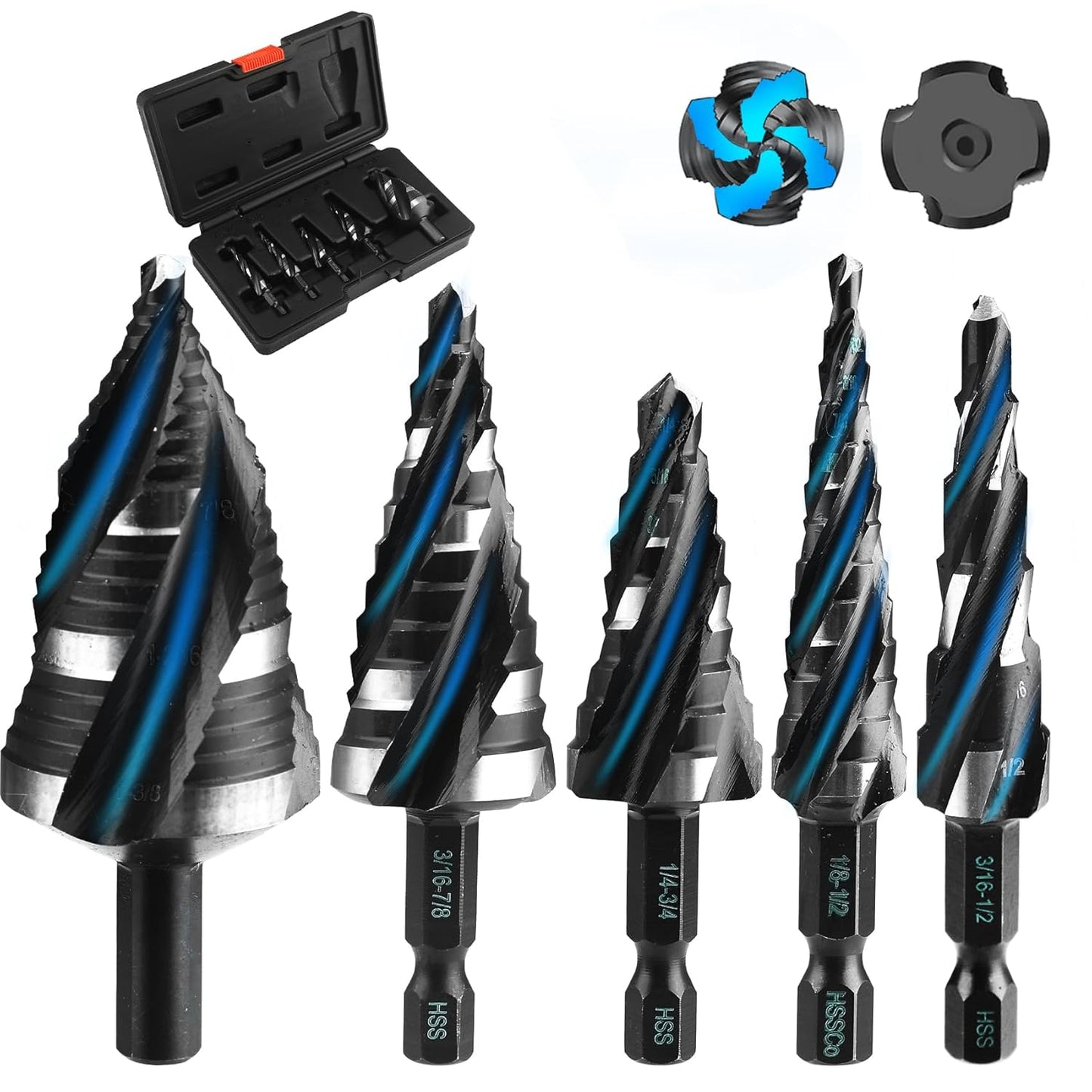 Step Drill Bit Set for Metal, 5PCS Titanium-Coated HSS Bits
