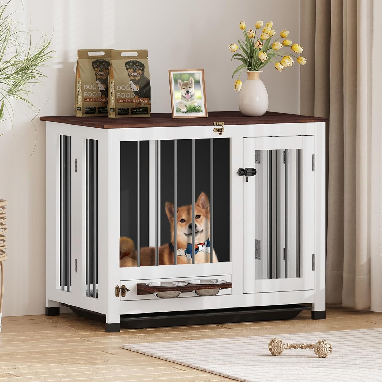 Stylish Wooden Dog Crate Furniture with Removable Tray & Feeder