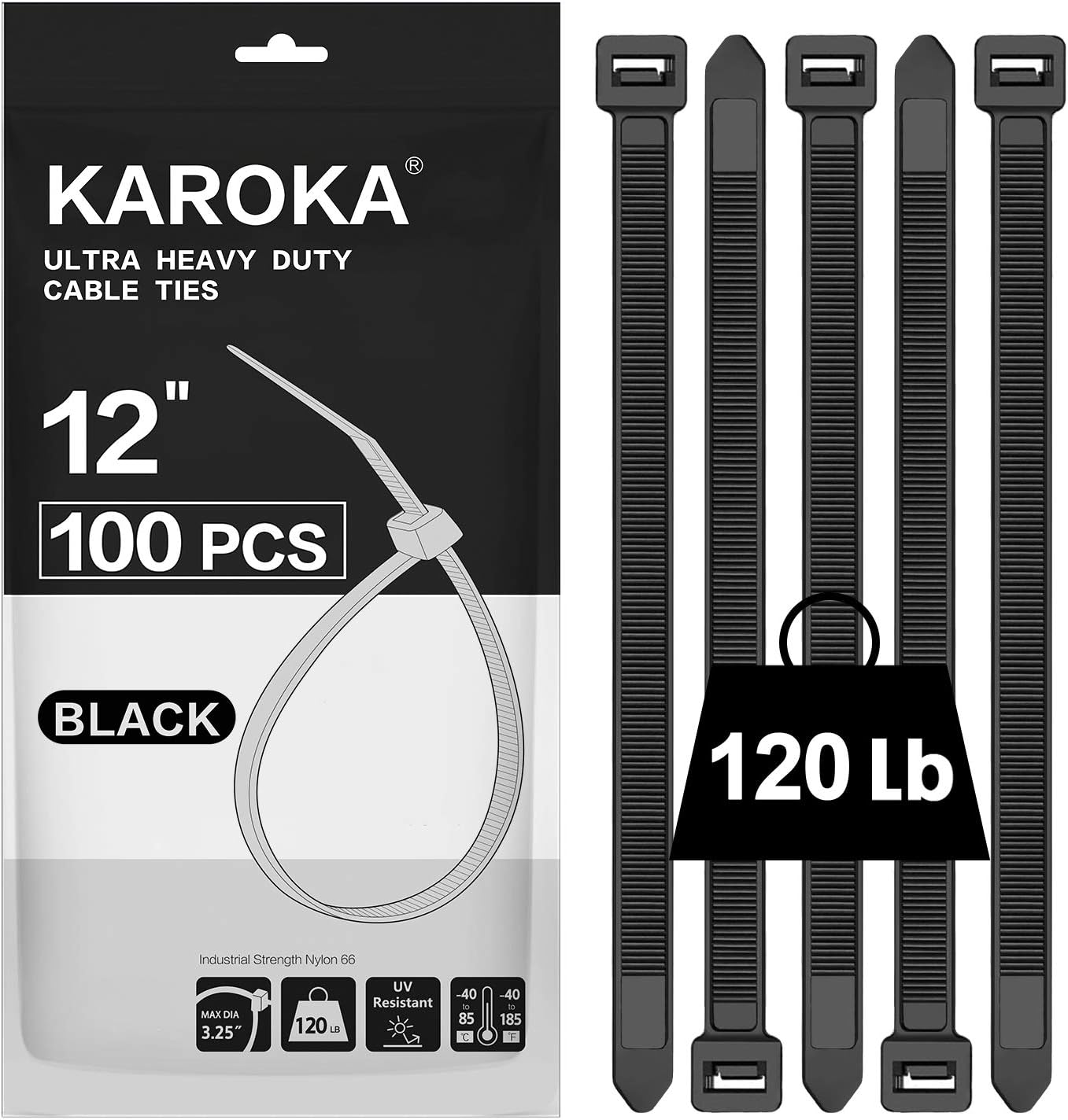Strong 12 Heavy Duty Zip Ties - 120lbs Strength - 100 Pieces