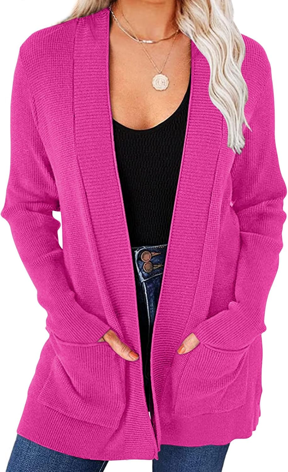 Cozy Knit Cardigan for Women - Open Front Waffle Design