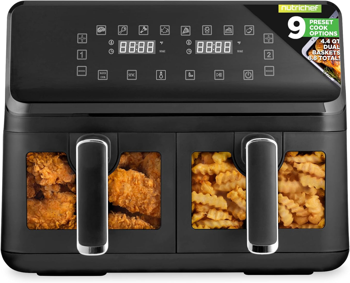 Nutrichef 8.8 QT Double Basket Air Fryer | 9 Presets | Oil-Free Healthy Cooking