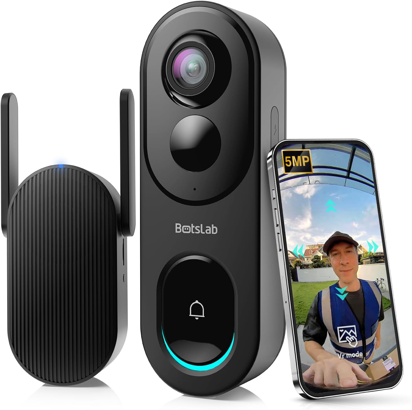 BOTSLAB Wireless Doorbell 360 View, No Fee, 5MP