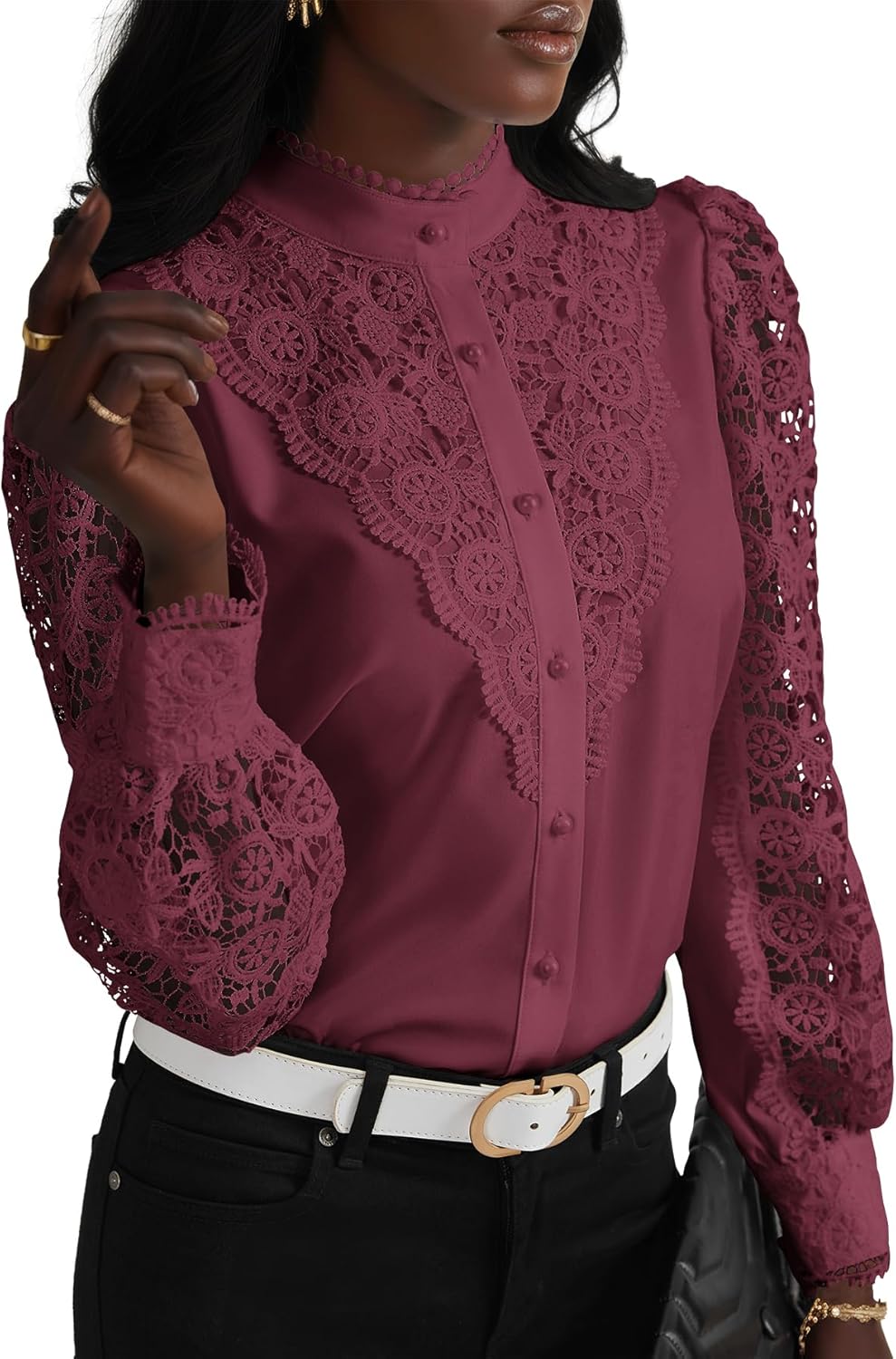 Elegant Women's Lace Crochet Mock Neck Long Sleeve Blouse Top