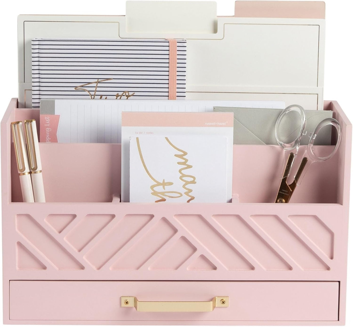 Elegant Pink Wooden Desk Organizer with Storage Drawer for Home