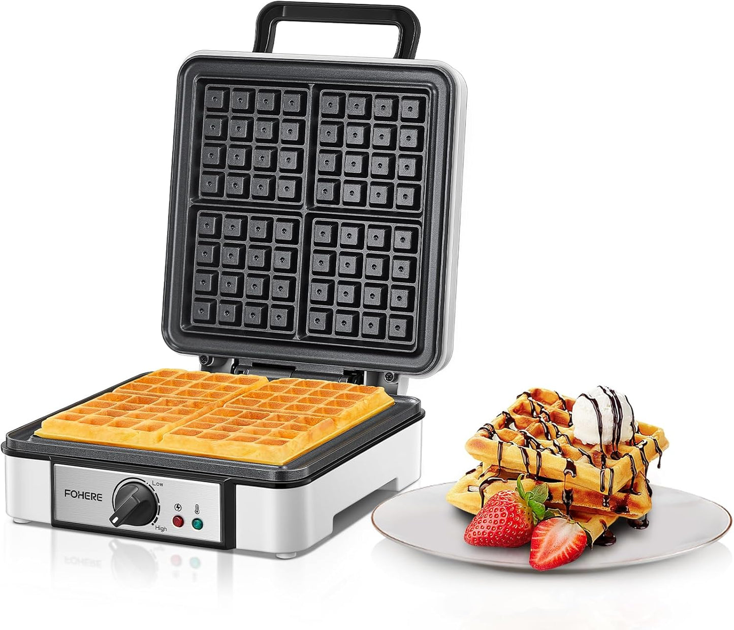 FOHERE Belgian Waffle Maker for 4 Slices with 5 Browning Levels