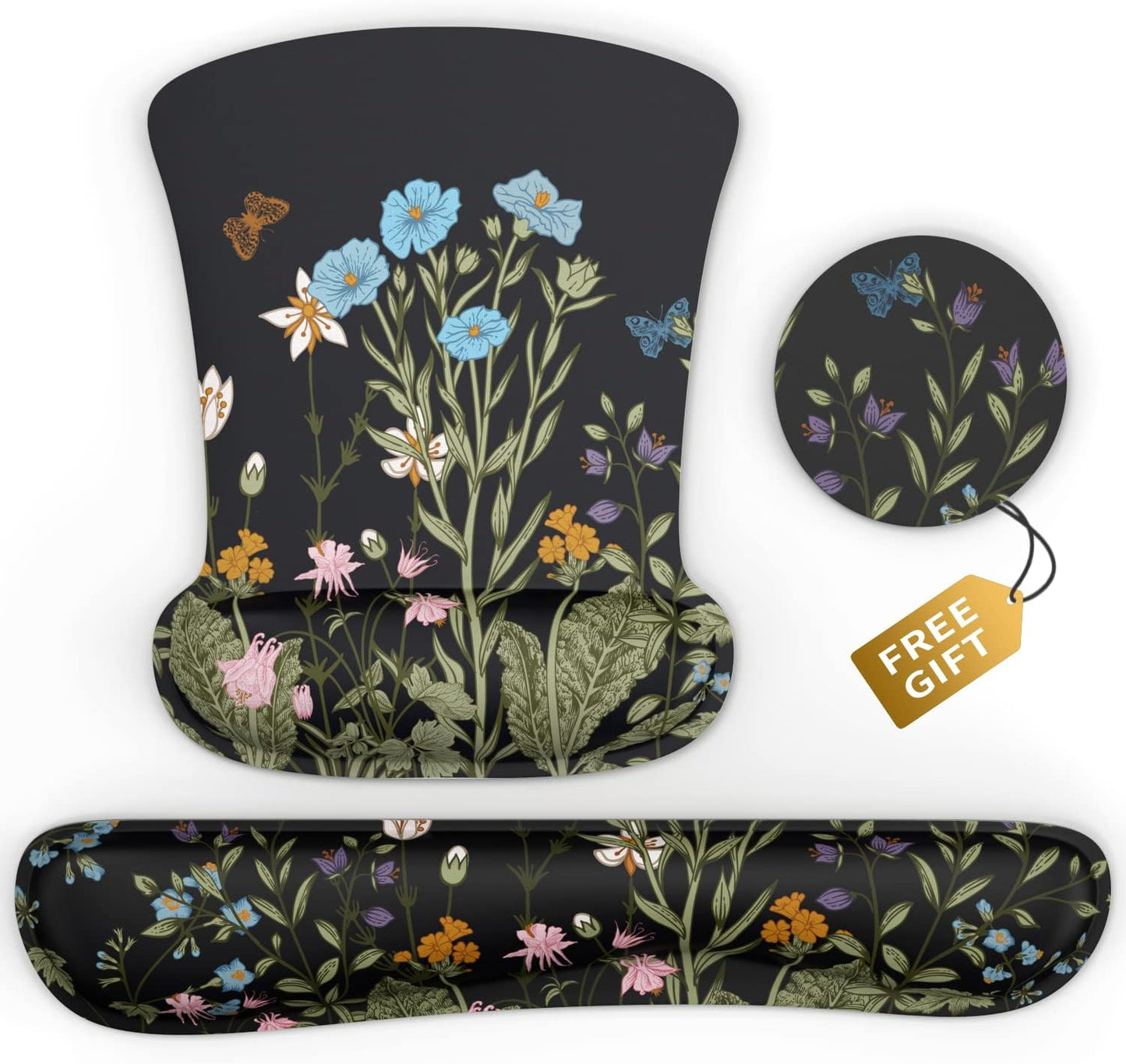 PULAIXIN Ergo Combo: Black Floral Keyboard + Mouse Pad Set