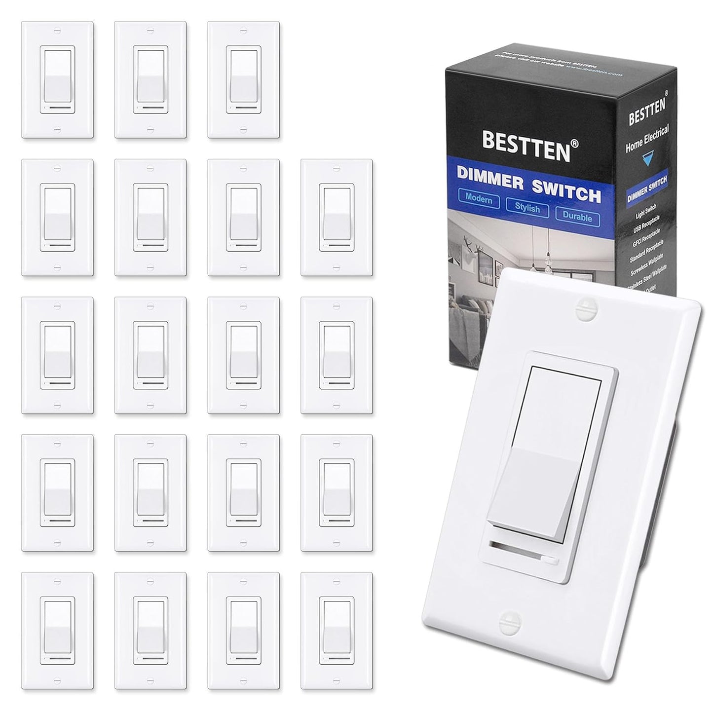 BESTTEN 20 Pack Dimmer Light Switch for LED and Incandescent Use
