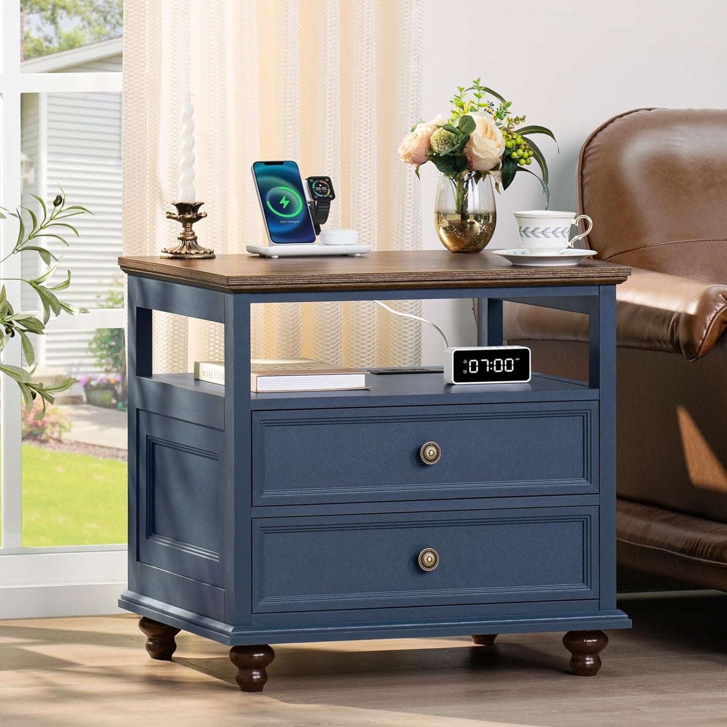 Farmhouse Nightstand with Charging Station for Bedroom Use
