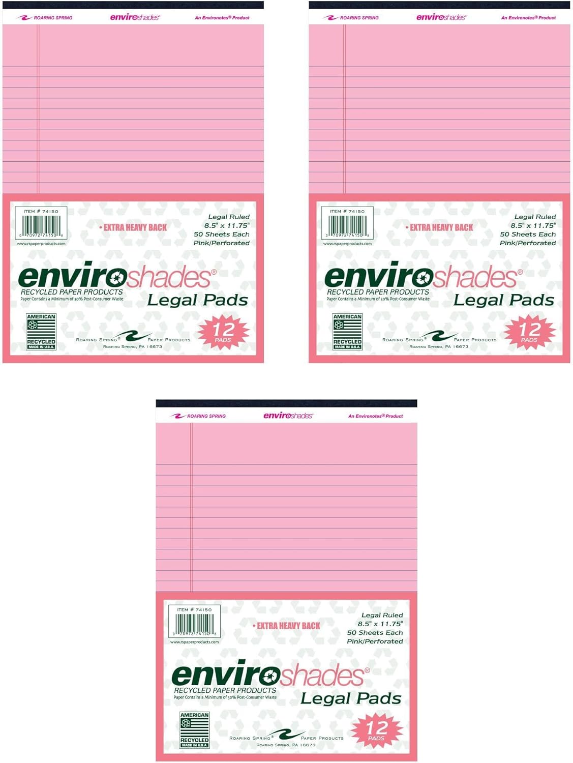 ROARING SPRING Enviroshades Recycled Legal Pads, Pink, 36 Pack