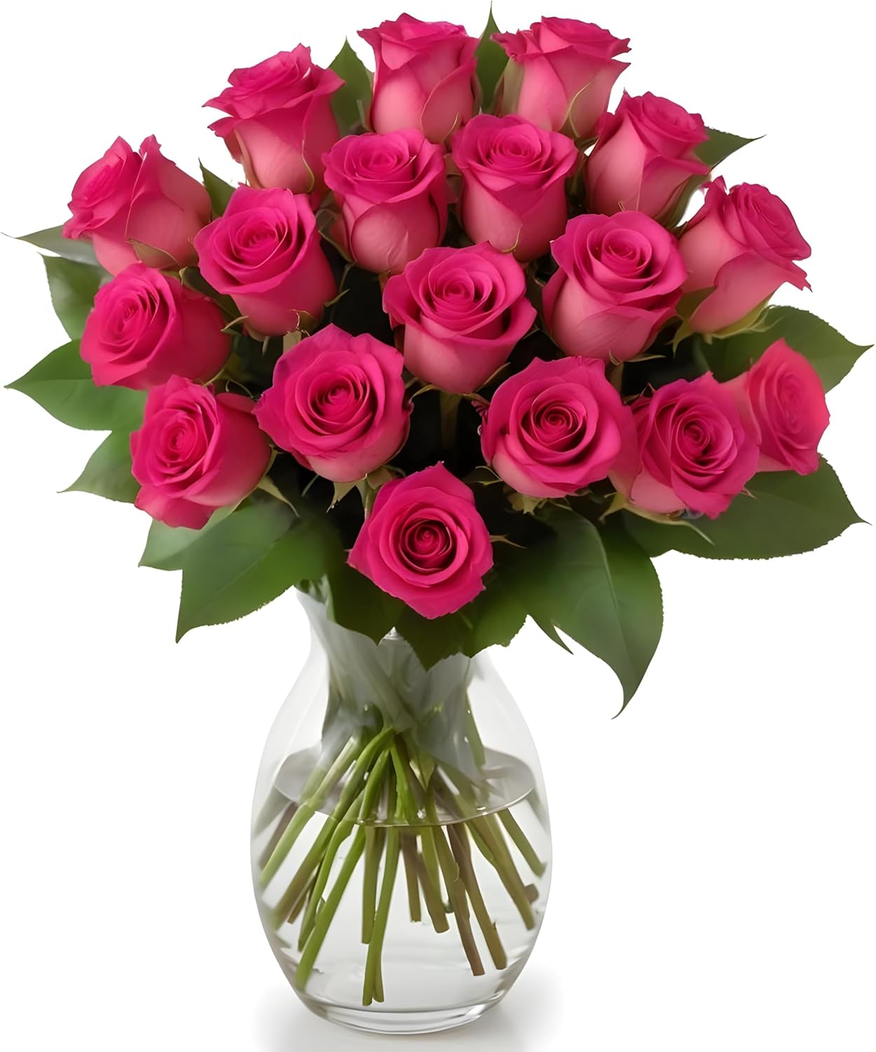 18 Hot Pink Roses in Hand Blown Glass Vase for Every Occasion