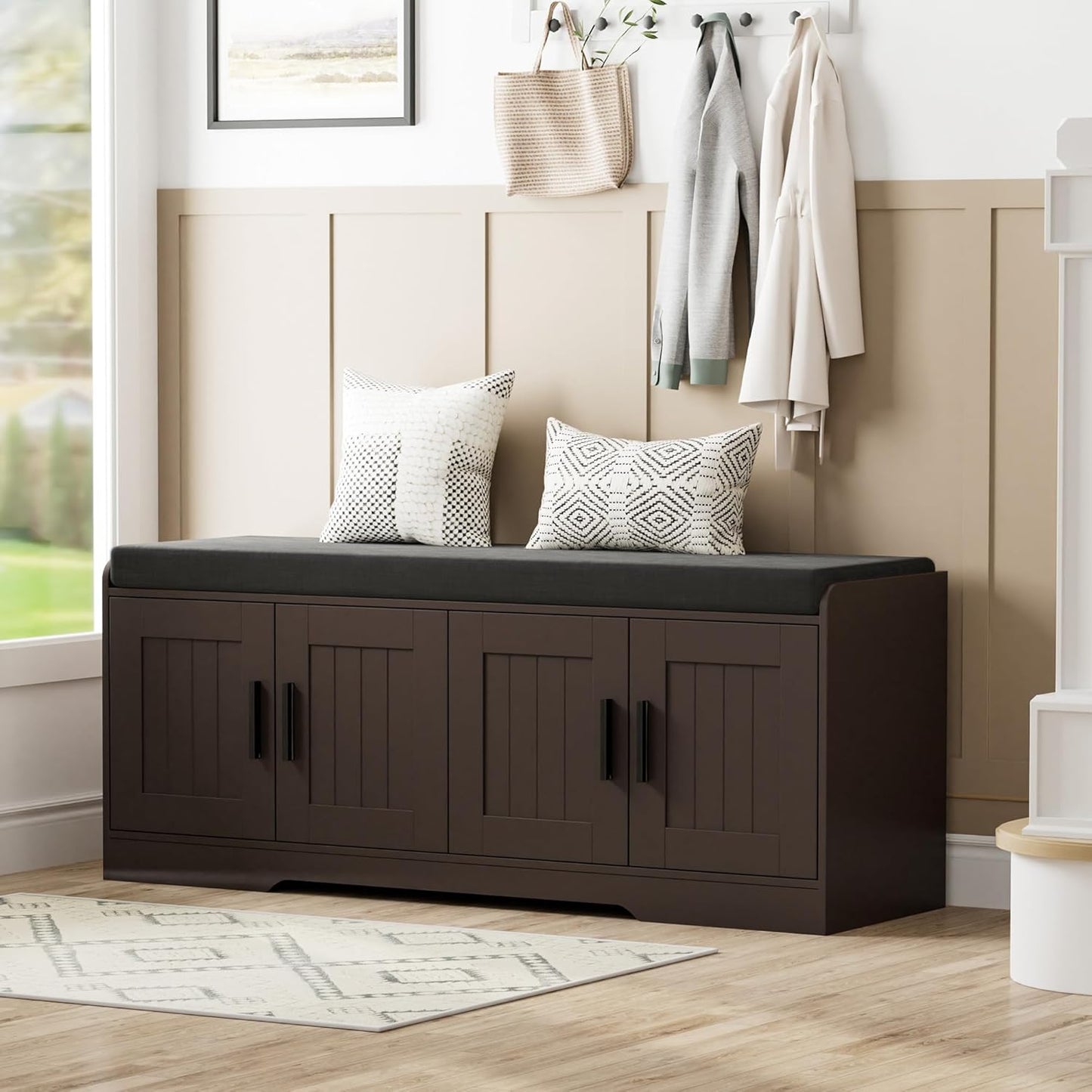 2-Tier Storage Bench with Thickened Padded Seat Cushion