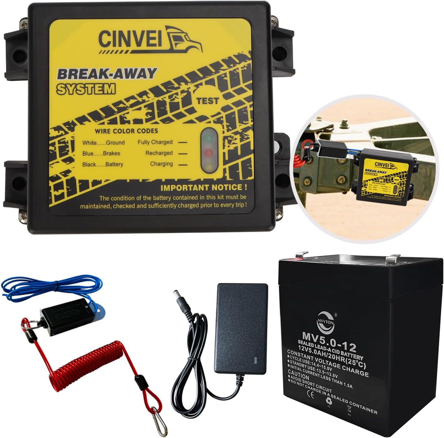 Trailer Brakes Breakaway Kit with Charger and LED Indicator