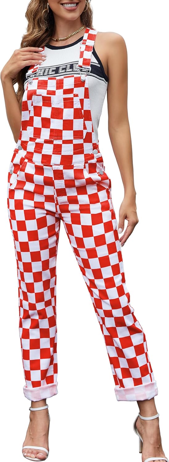 Checkered Pants Womens Overalls Cute Stretch Jeans Jumpsuit
