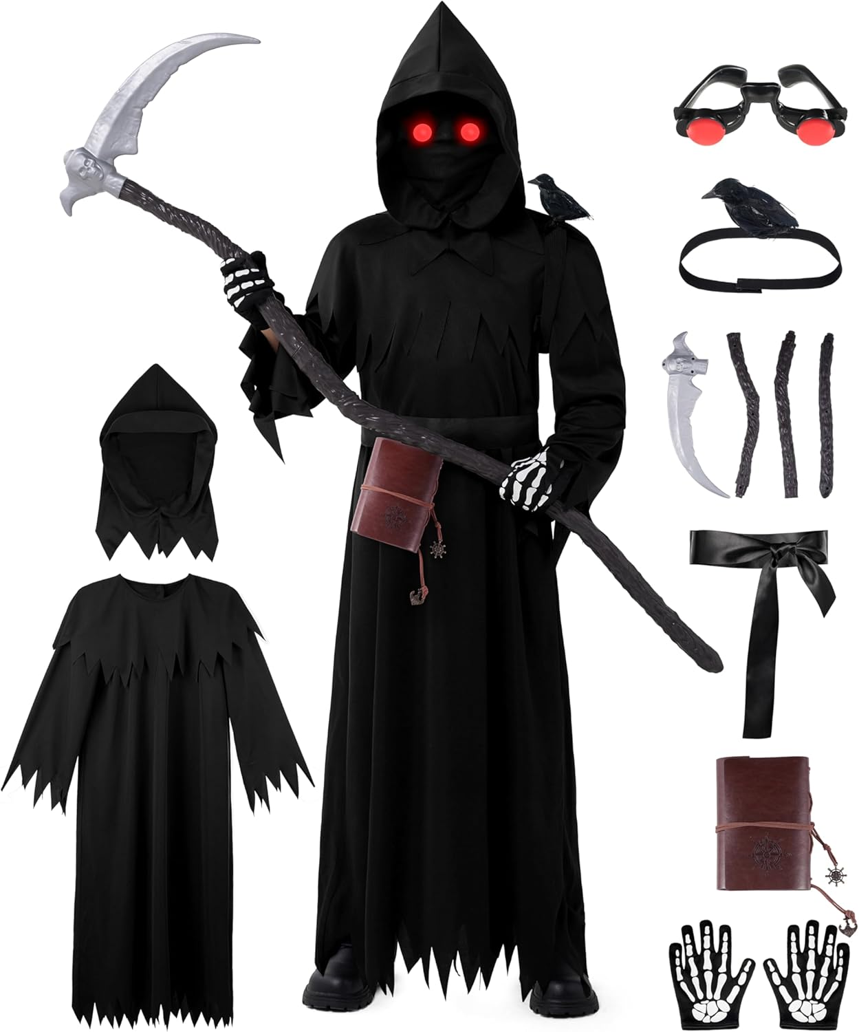 Grim Reaper Costume for Kids with Glowing Eyes and Scythe