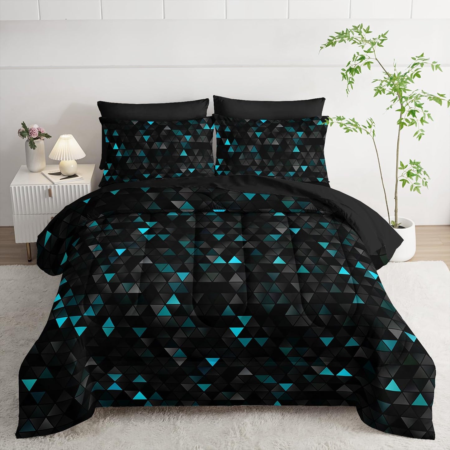 Geometric Turquoise Black Triangle Queen Comforter Set for All Seasons