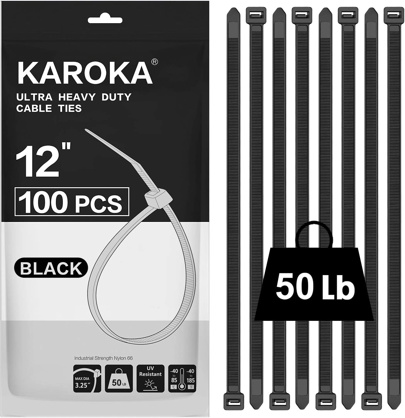 Karoka Black Zip Ties 12 (100 Pack) - Strong 50 lb, UV Resistant for Indoor/Outdoor
