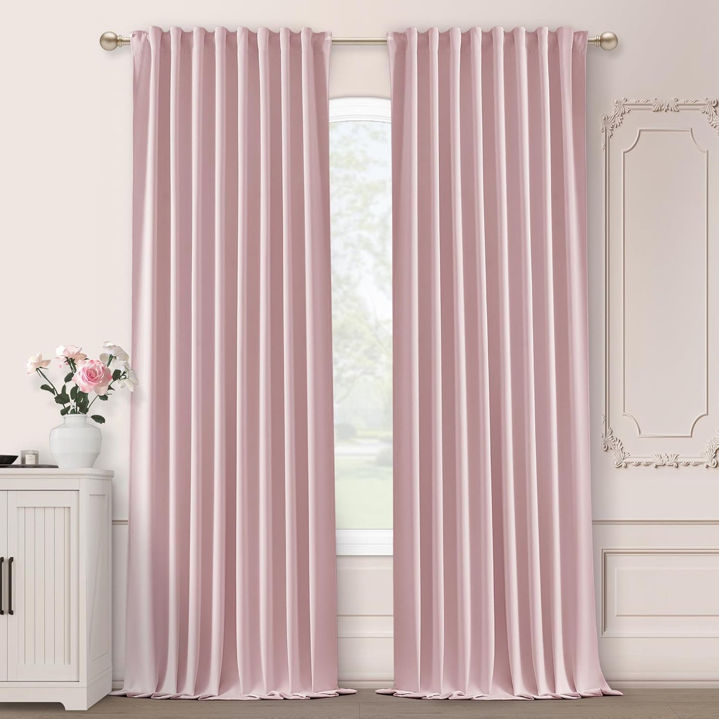 Pleated Pink Curtains for Kids Bedroom - 102 Inches Long Drapes