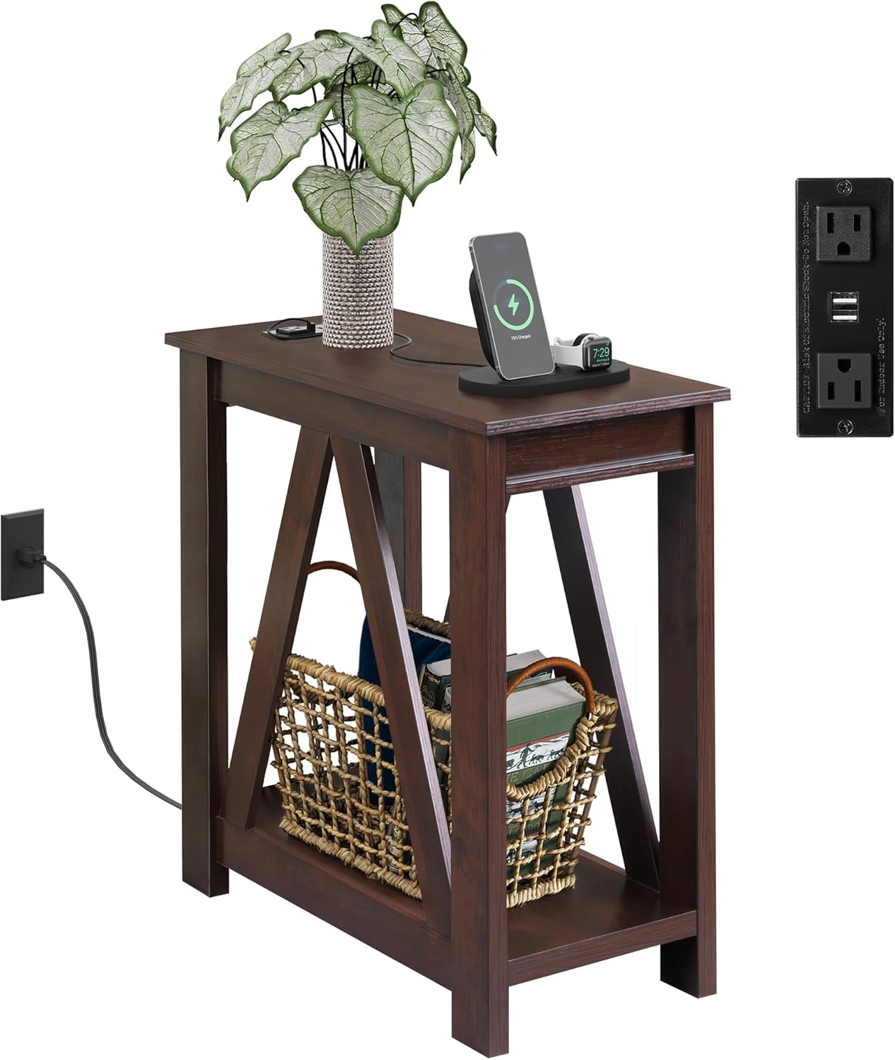 WLIVE Narrow End Table with Charging Station for Small Spaces