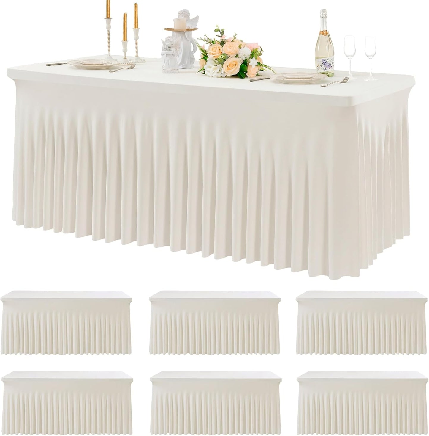 6 Pack Spandex Ivory Tablecloths for 6 Foot Rectangle Tables